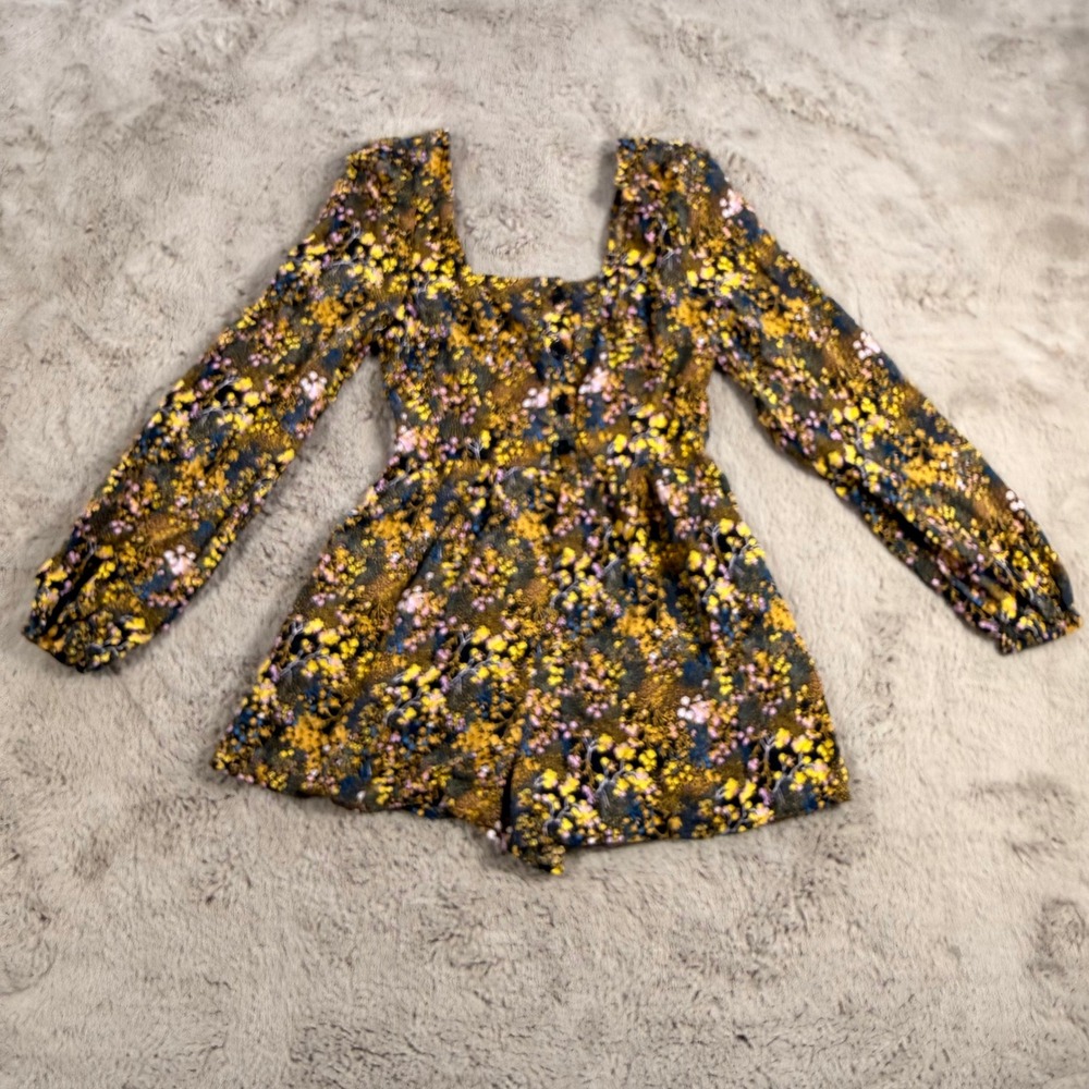 Urban Outfitters Floral Print Romper Long Sleeve Square Neck Yellow Y2K Girl‎